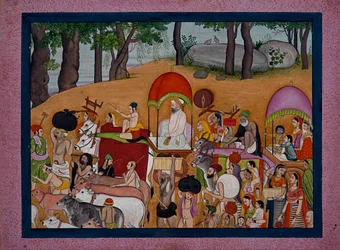 Nanda e altri pastori che si trasferiscono a Vrindavana basato sulla storia del Bhagavata Purana